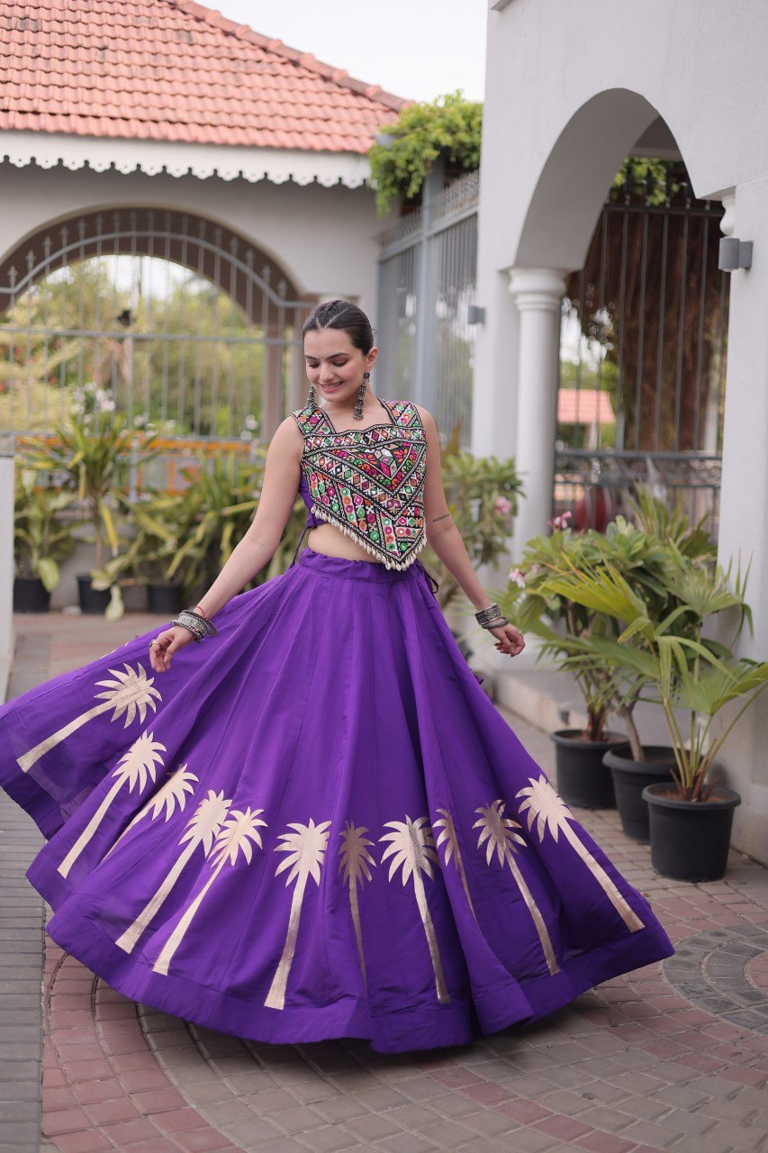 Purple Navratri Lehenga Choli with Kutchi Gamthi Top