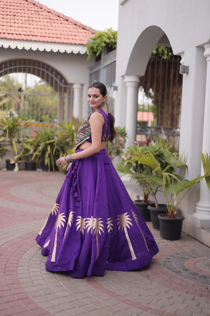 Purple Navratri Lehenga Choli with Kutchi Gamthi Top