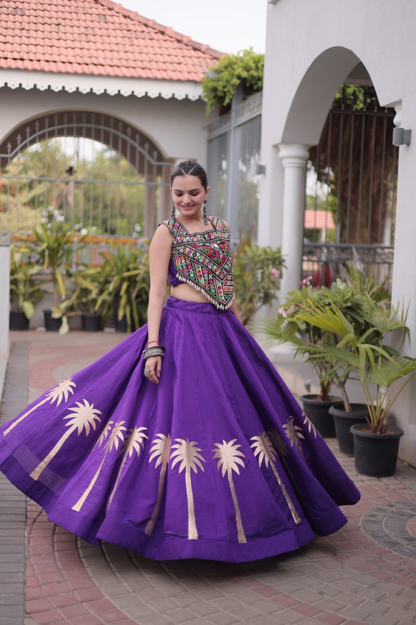 Purple Navratri Lehenga Choli with Kutchi Gamthi Top