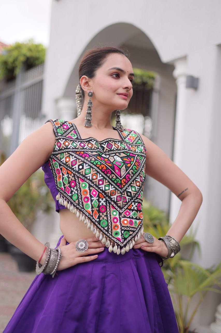 Purple Navratri Lehenga Choli with Kutchi Gamthi Top