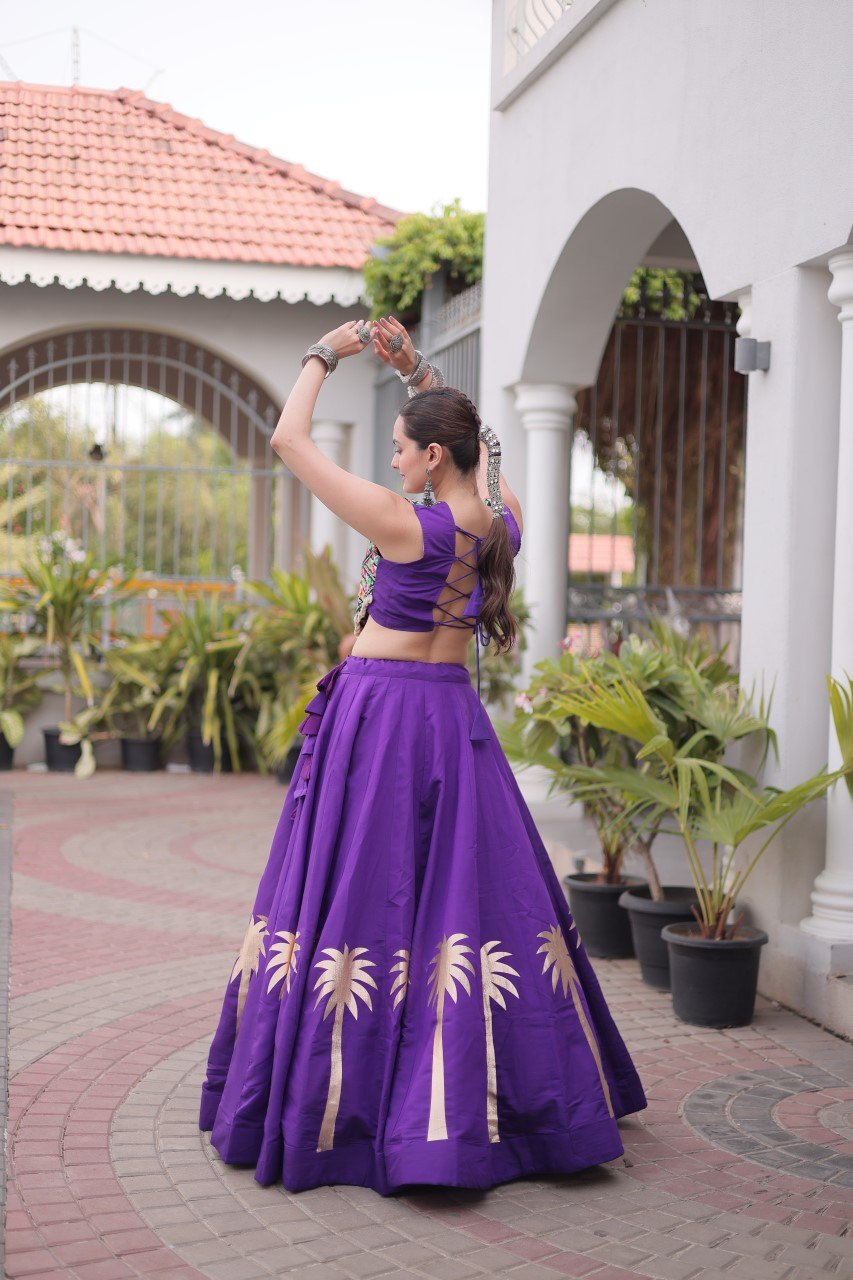 Purple Navratri Lehenga Choli with Kutchi Gamthi Top
