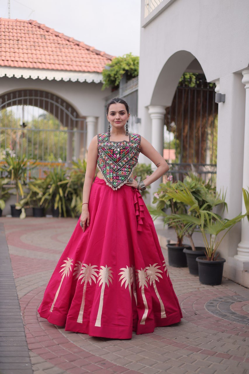 Pink Navratri Lehenga Choli with Kutchi Gamthi Top