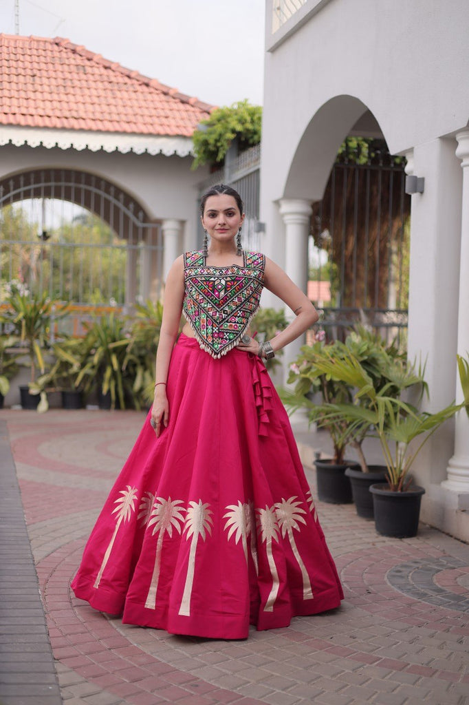 Pink Navratri Lehenga Choli with Kutchi Gamthi Top