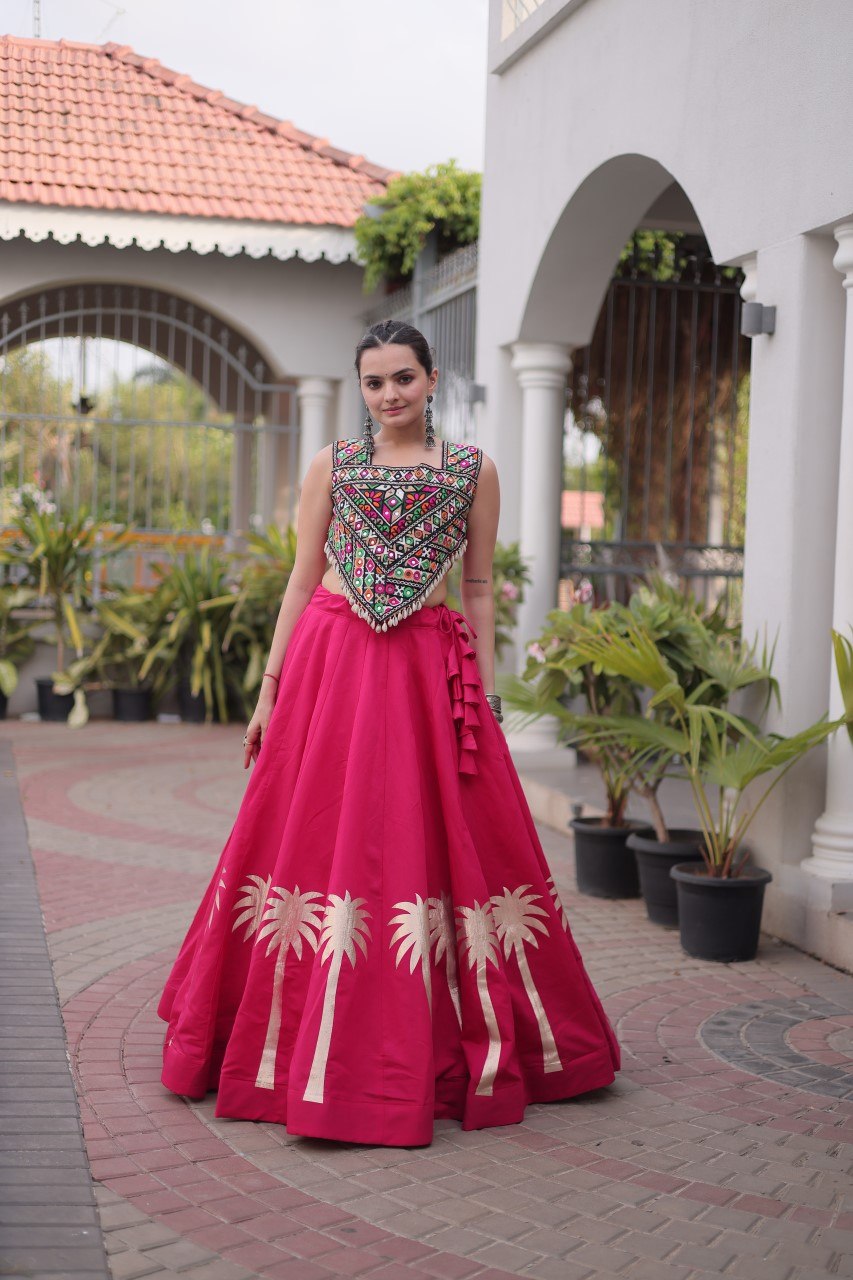 Pink Navratri Lehenga Choli with Kutchi Gamthi Top
