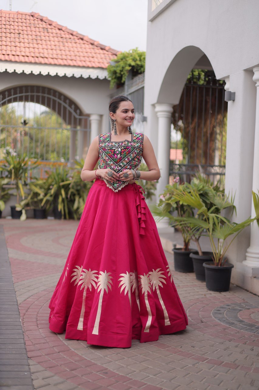 Pink Navratri Lehenga Choli with Kutchi Gamthi Top