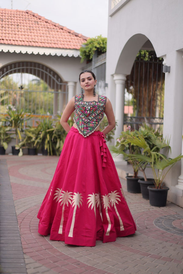 Pink Navratri Lehenga Choli with Kutchi Gamthi Top