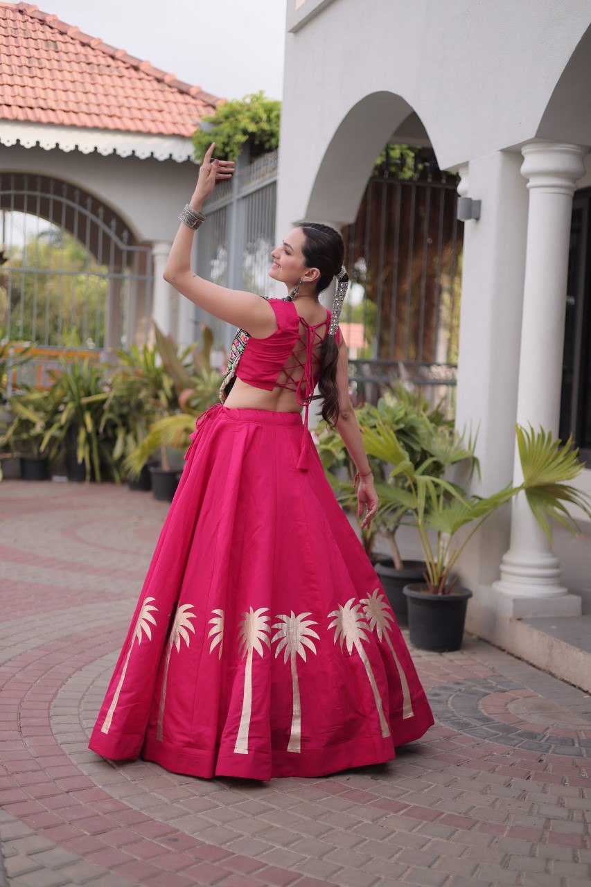 Pink Navratri Lehenga Choli with Kutchi Gamthi Top