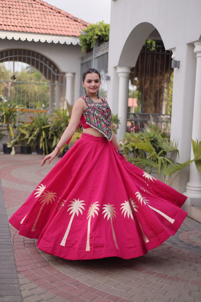 Pink Navratri Lehenga Choli with Kutchi Gamthi Top