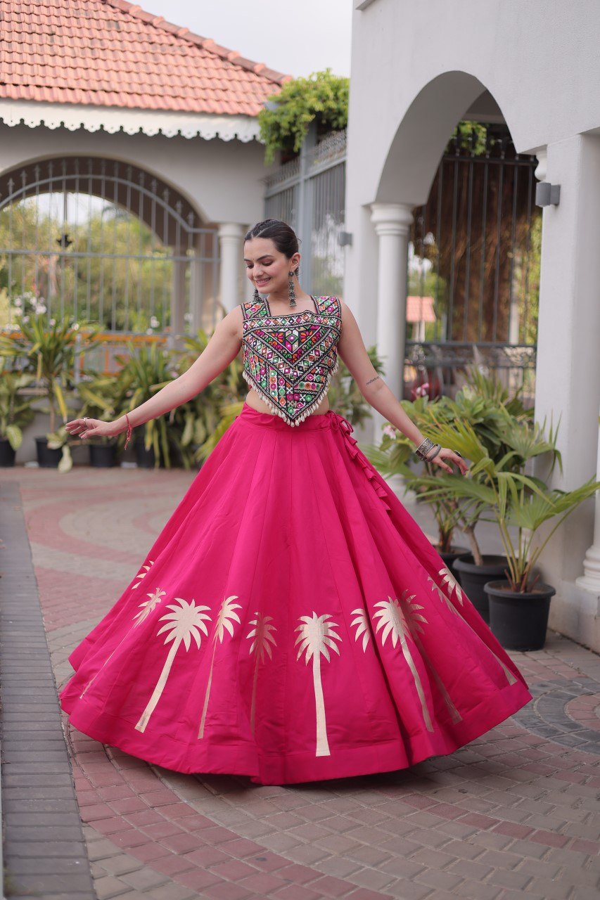 Pink Navratri Lehenga Choli with Kutchi Gamthi Top