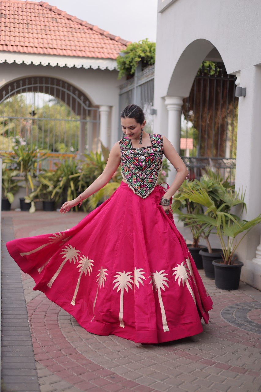Pink Navratri Lehenga Choli with Kutchi Gamthi Top