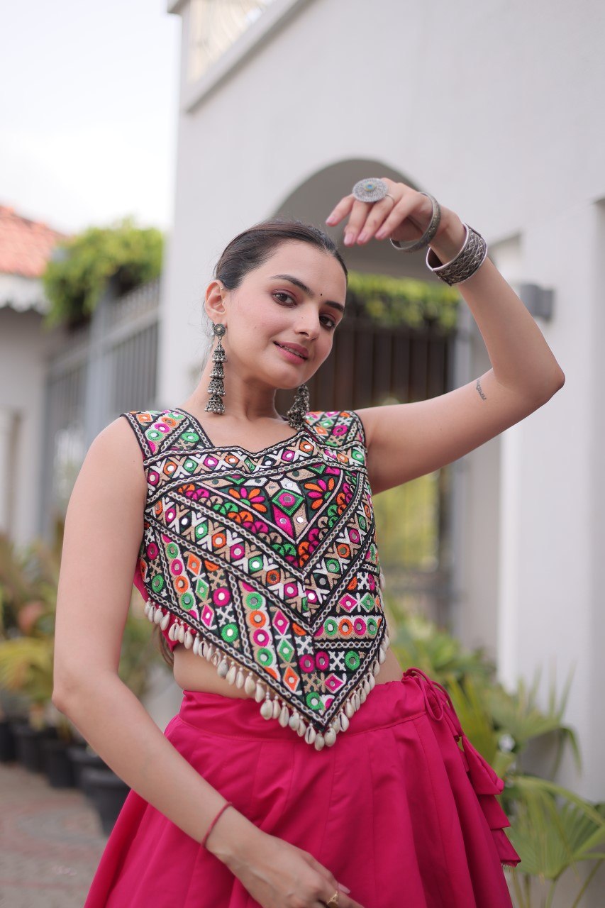 Pink Navratri Lehenga Choli with Kutchi Gamthi Top