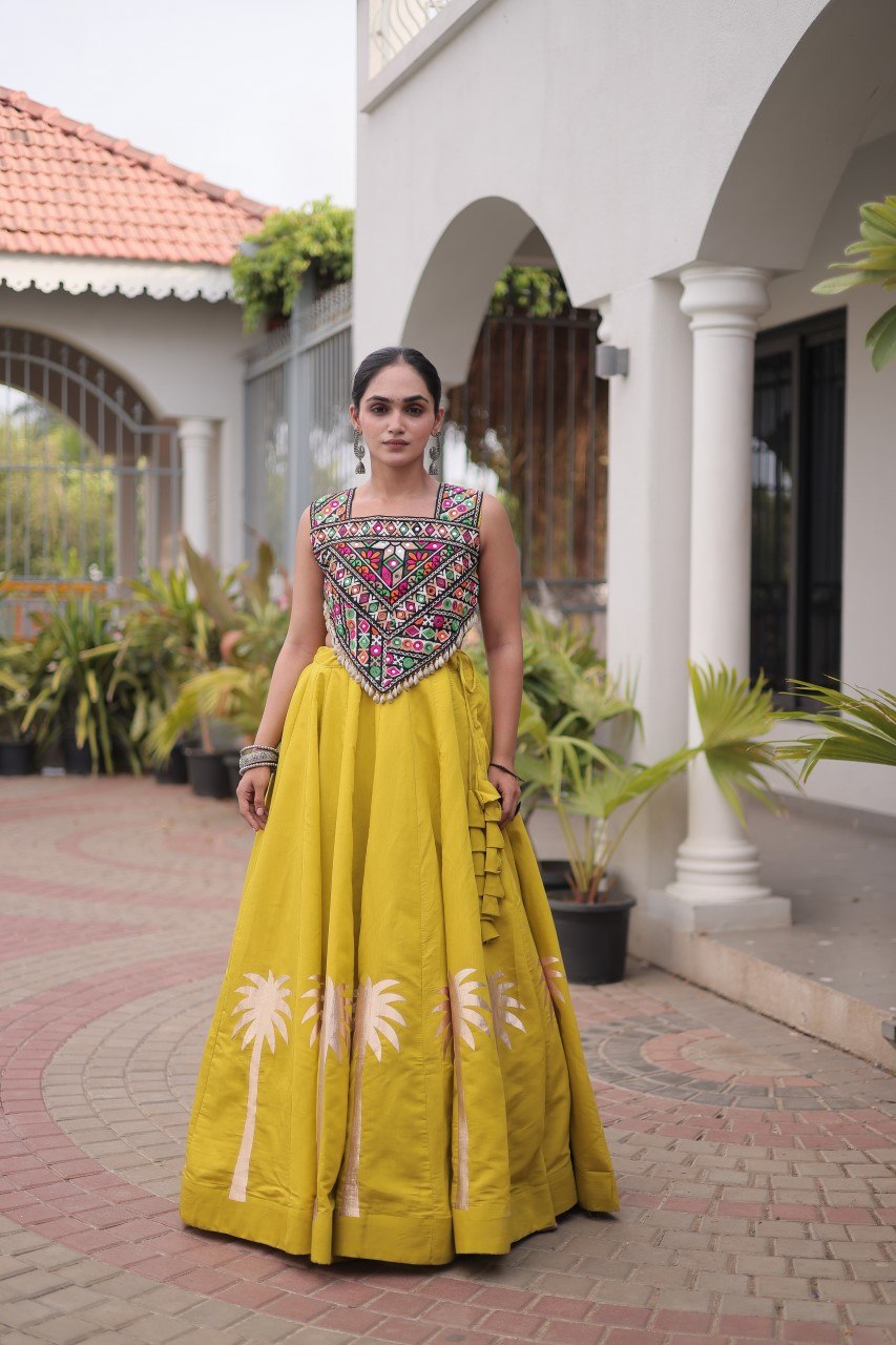 Yellow Navratri Lehenga Choli with Kutchi Gamthi Top