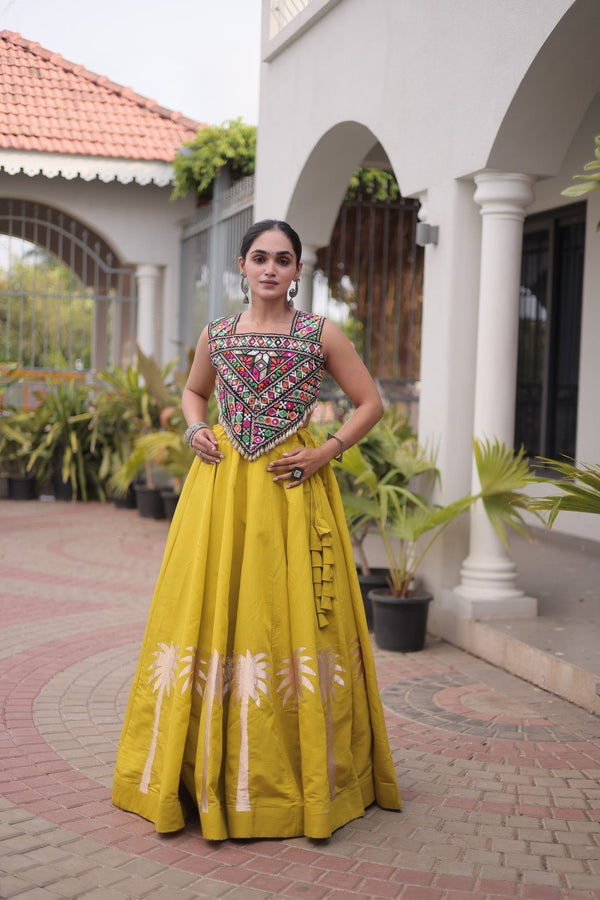 Yellow Navratri Lehenga Choli with Kutchi Gamthi Top