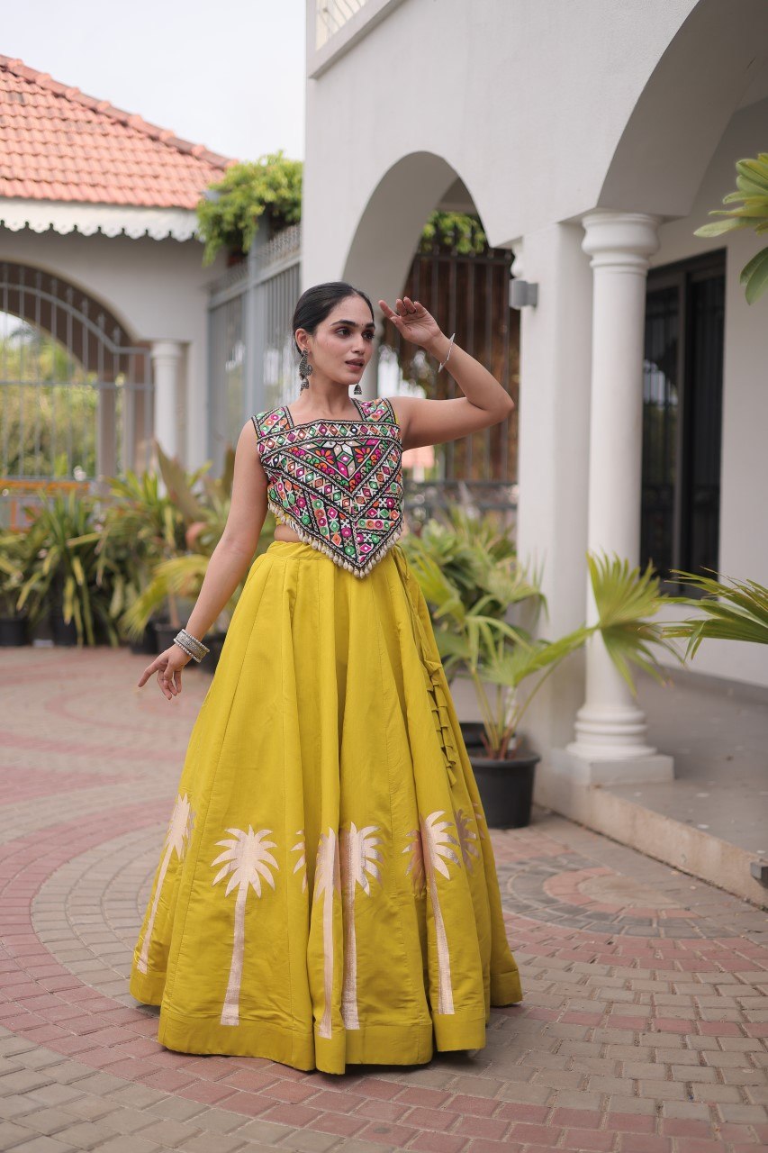 Yellow Navratri Lehenga Choli with Kutchi Gamthi Top