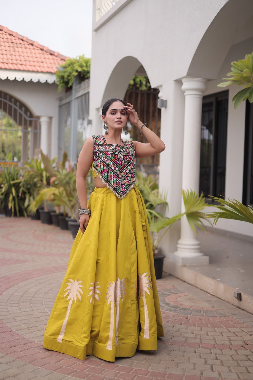 Yellow Navratri Lehenga Choli with Kutchi Gamthi Top