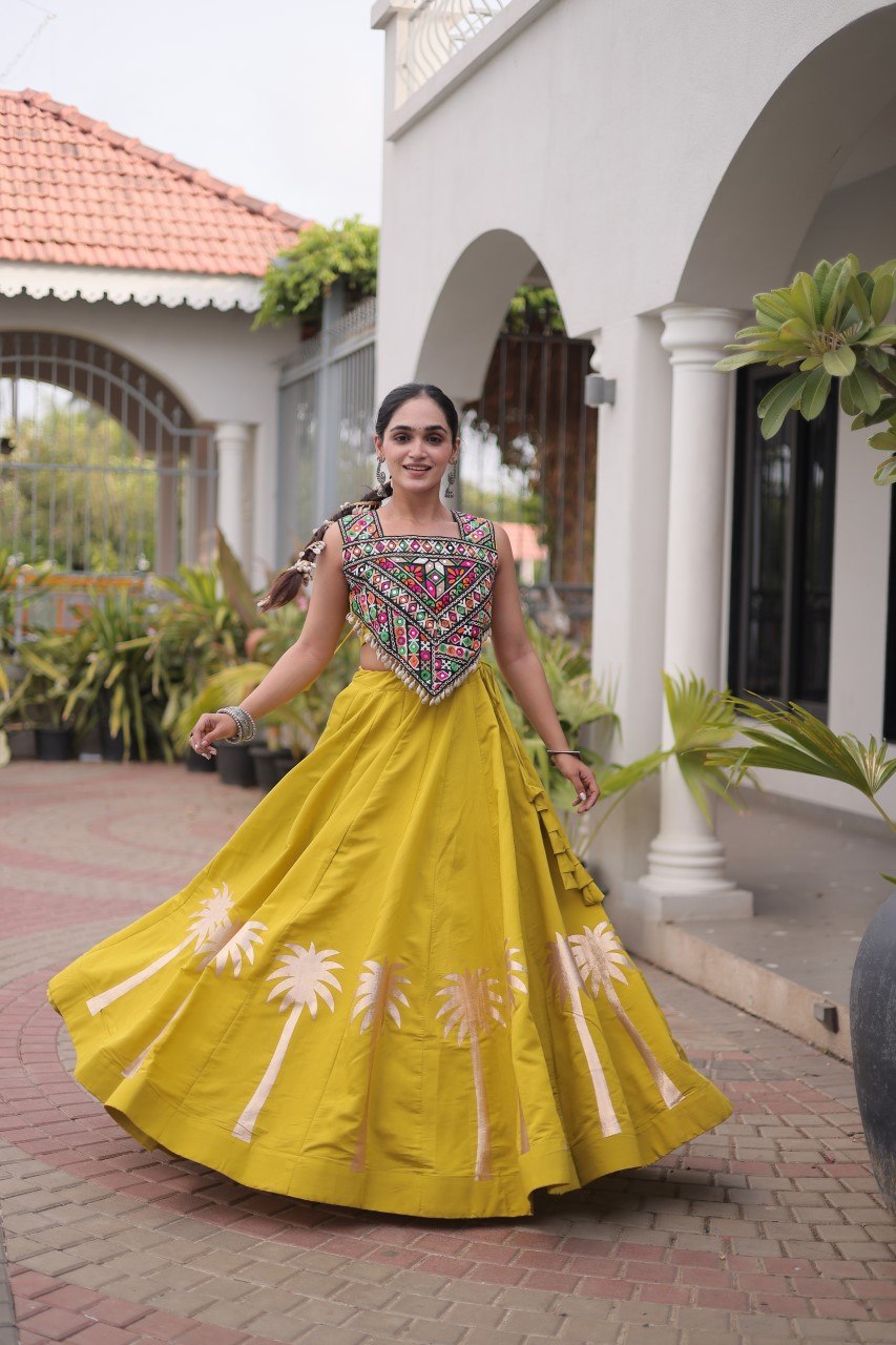Yellow Navratri Lehenga Choli with Kutchi Gamthi Top