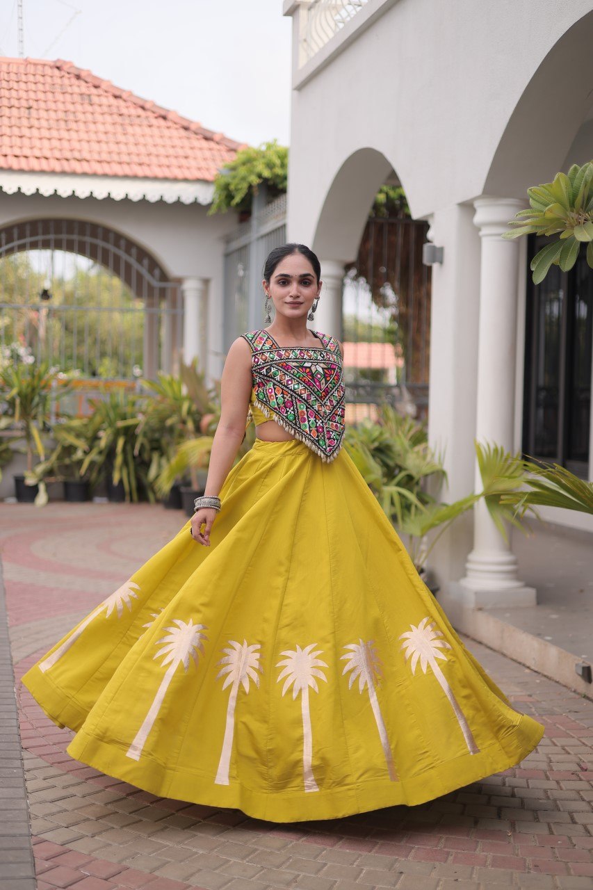 Yellow Navratri Lehenga Choli with Kutchi Gamthi Top