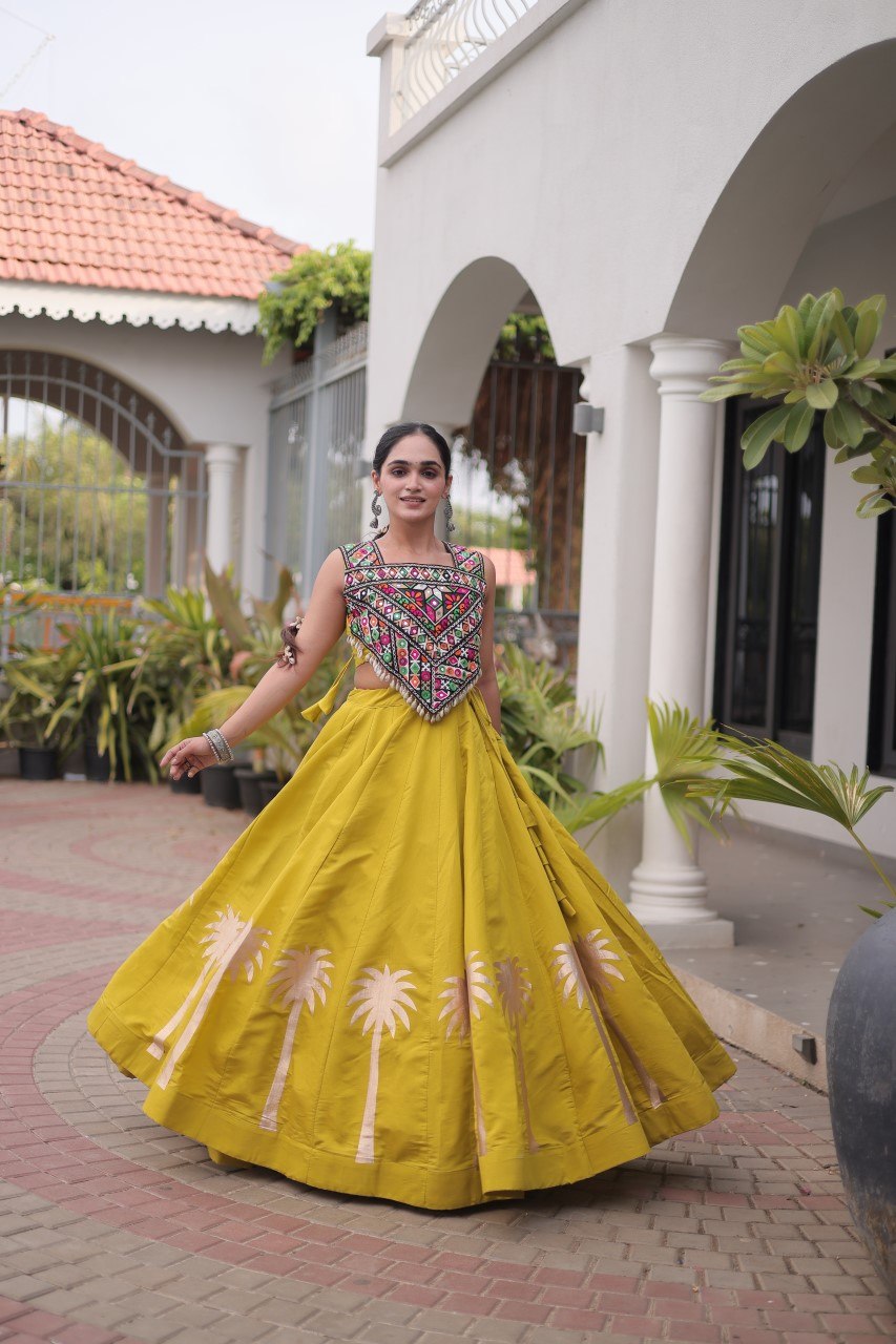 Yellow Navratri Lehenga Choli with Kutchi Gamthi Top
