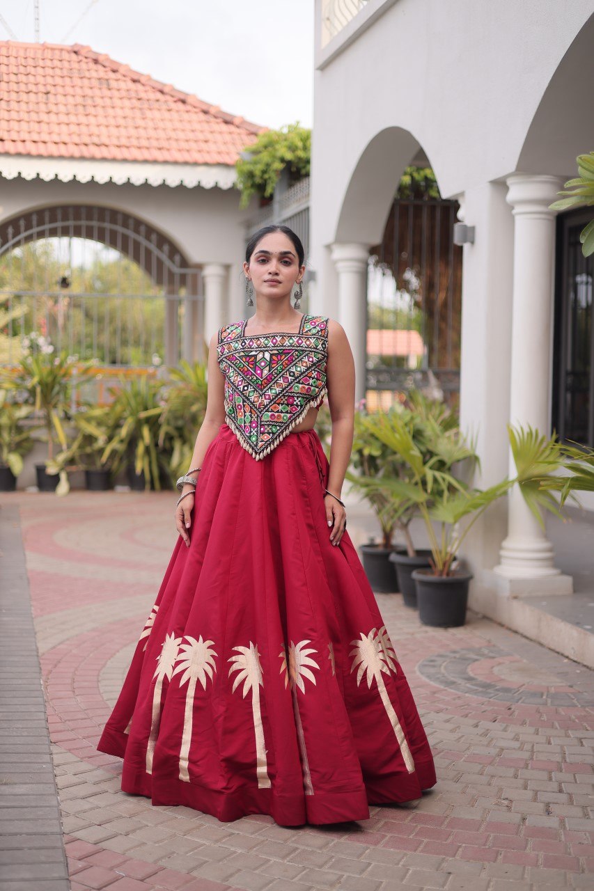 Maroon Navratri Lehenga Choli with Kutchi Gamthi Top