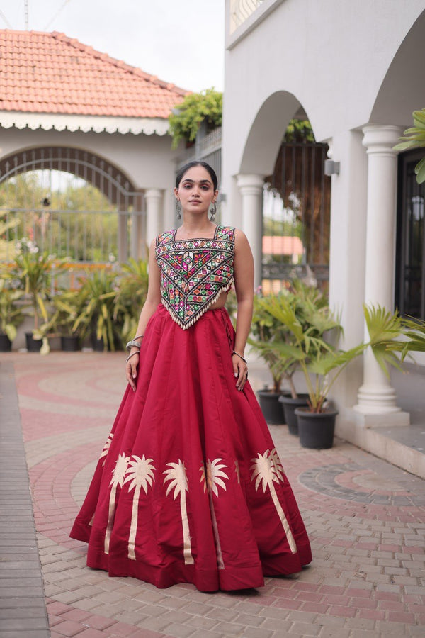 Maroon Navratri Lehenga Choli with Kutchi Gamthi Top