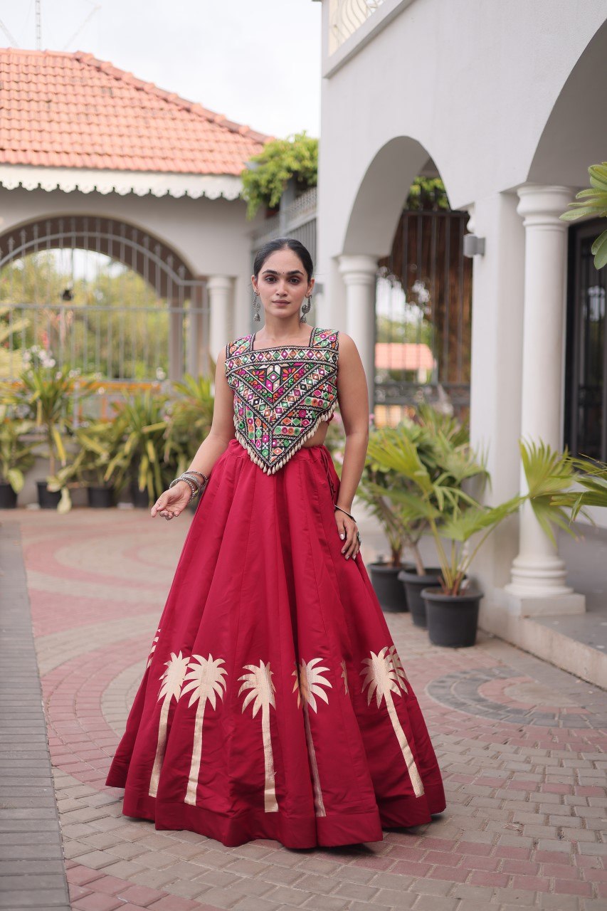 Maroon Navratri Lehenga Choli with Kutchi Gamthi Top