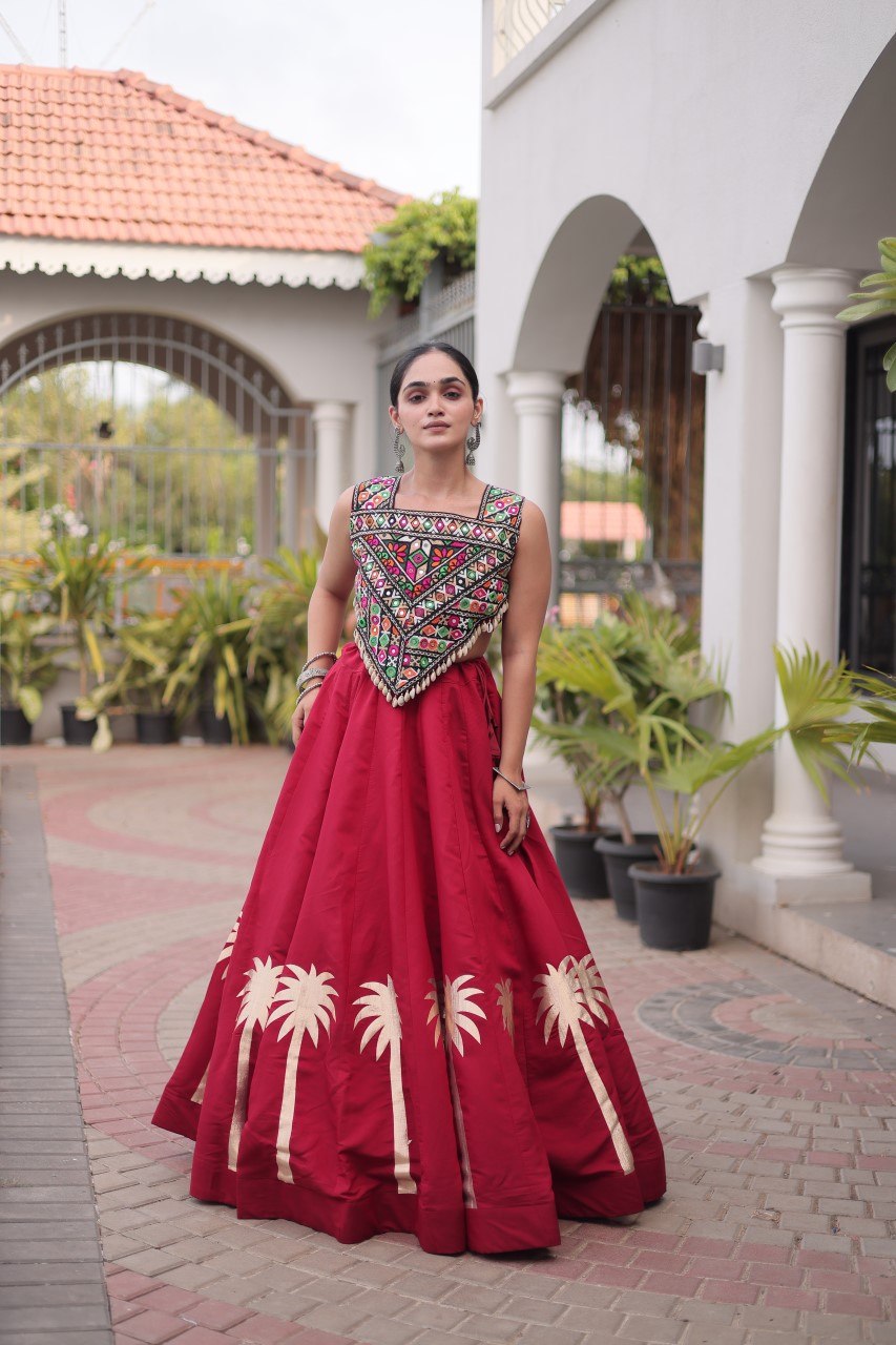 Maroon Navratri Lehenga Choli with Kutchi Gamthi Top