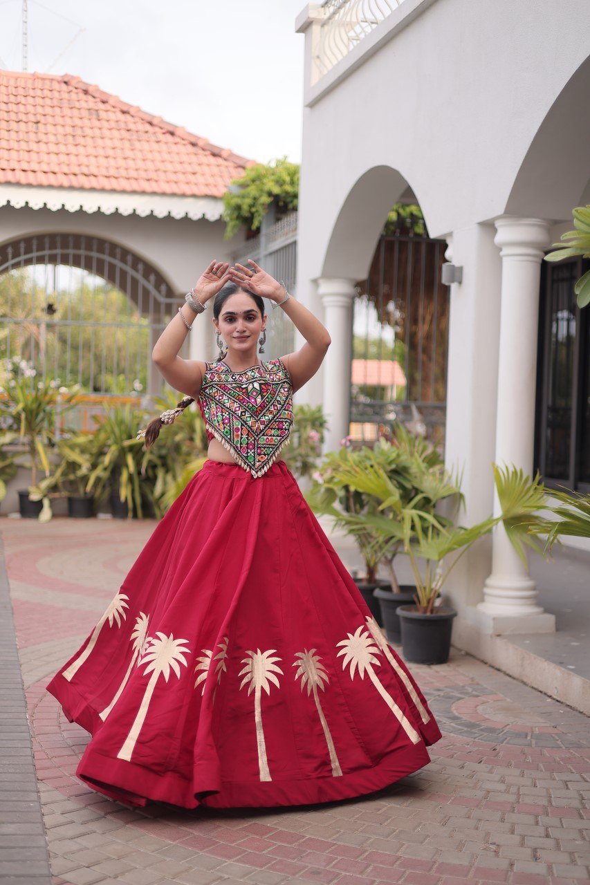 Maroon Navratri Lehenga Choli with Kutchi Gamthi Top