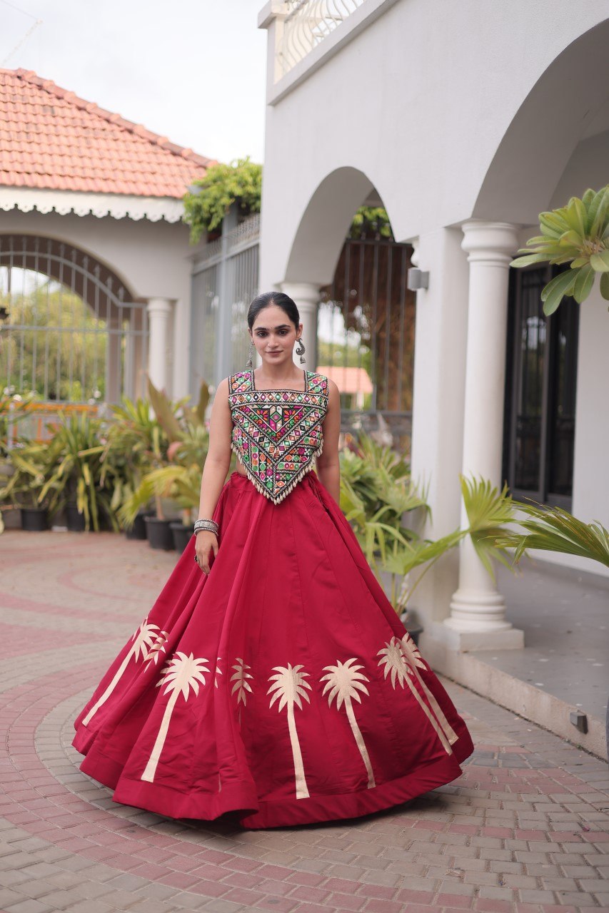 Maroon Navratri Lehenga Choli with Kutchi Gamthi Top