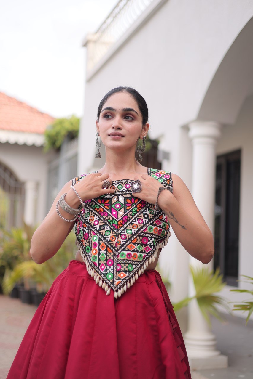 Maroon Navratri Lehenga Choli with Kutchi Gamthi Top