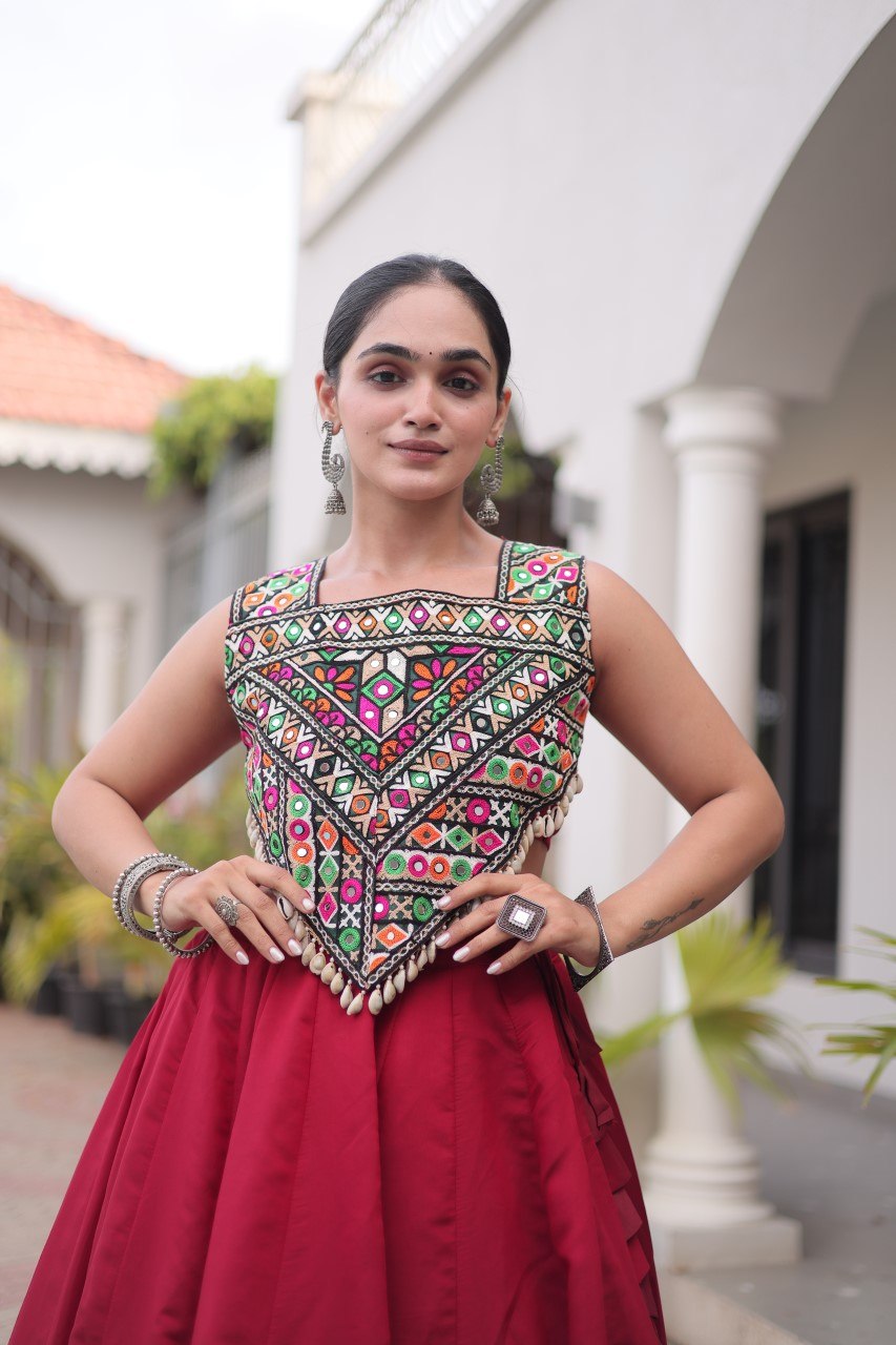 Maroon Navratri Lehenga Choli with Kutchi Gamthi Top