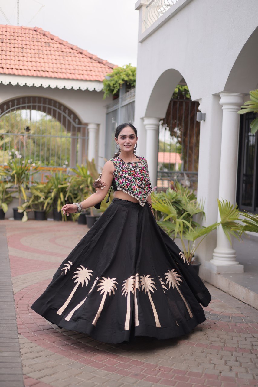 Black Navratri Lehenga Choli with Kutchi Gamthi Top