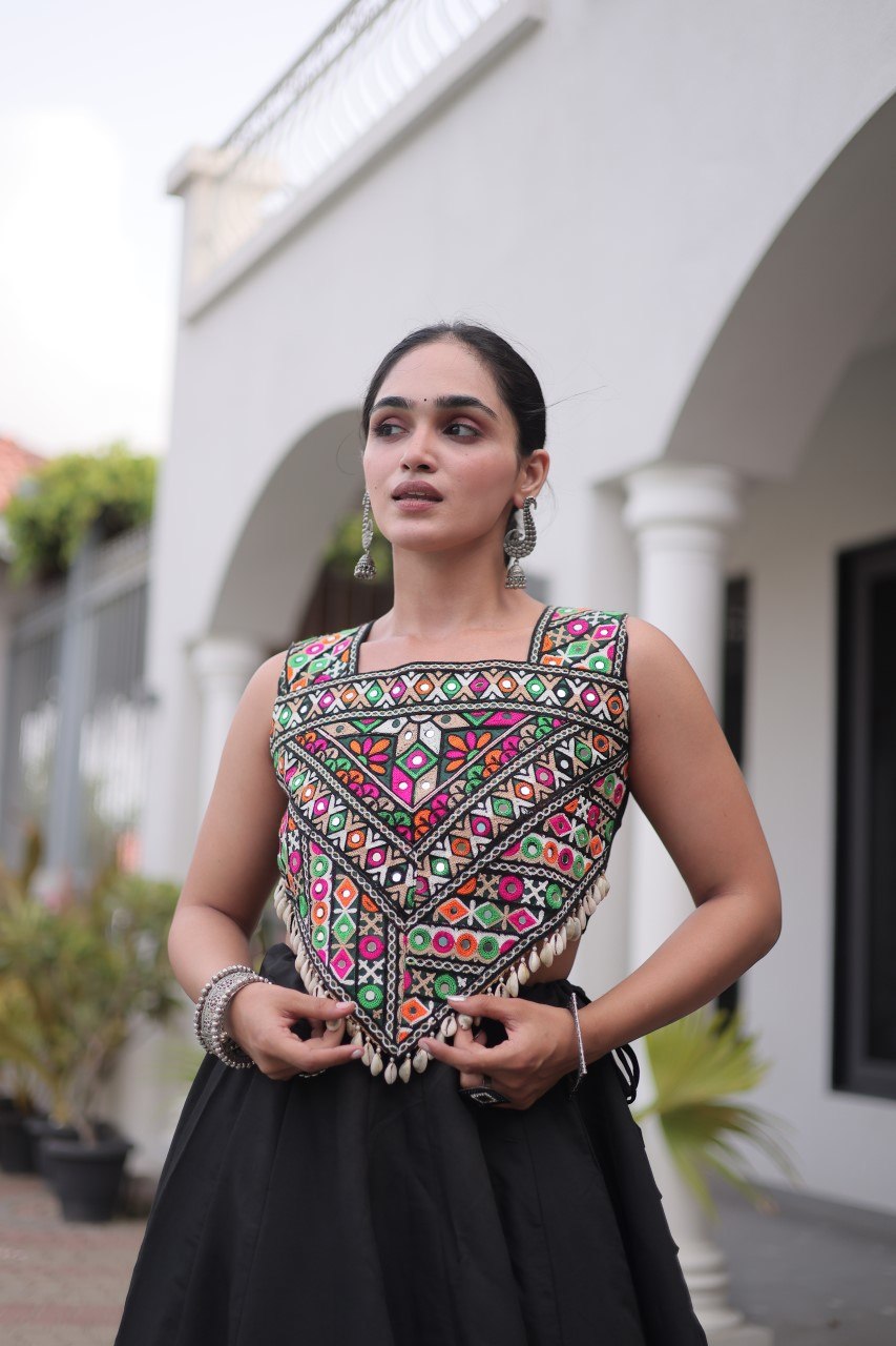 Black Navratri Lehenga Choli with Kutchi Gamthi Top