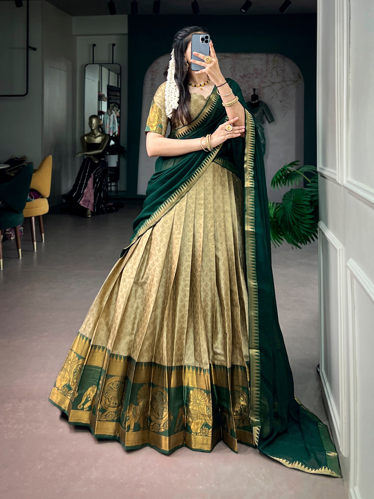 Antique Gold Poly Cotton Lehenga Choli with Emerald Green Dupatta