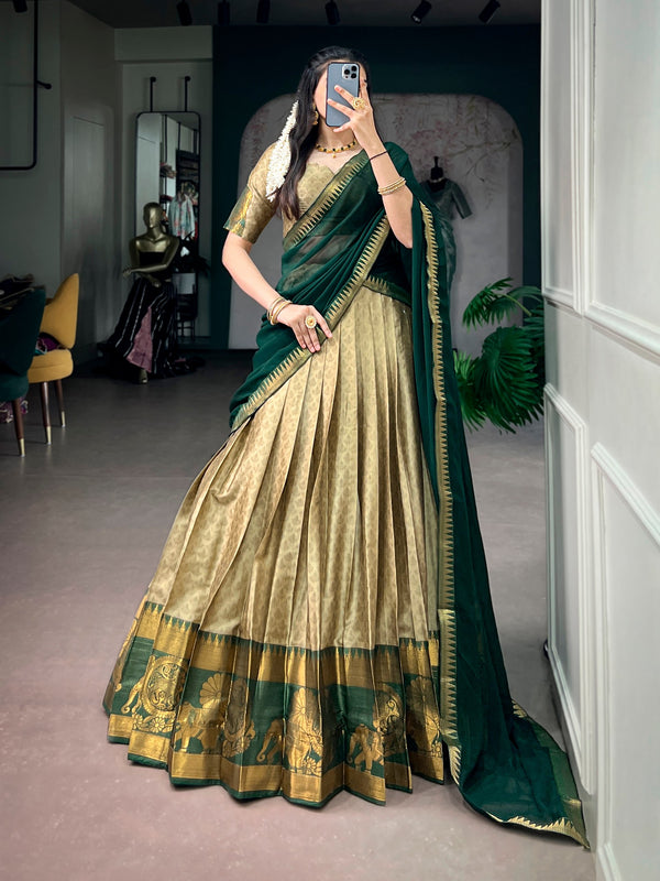 Antique Gold Poly Cotton Lehenga Choli with Emerald Green Dupatta