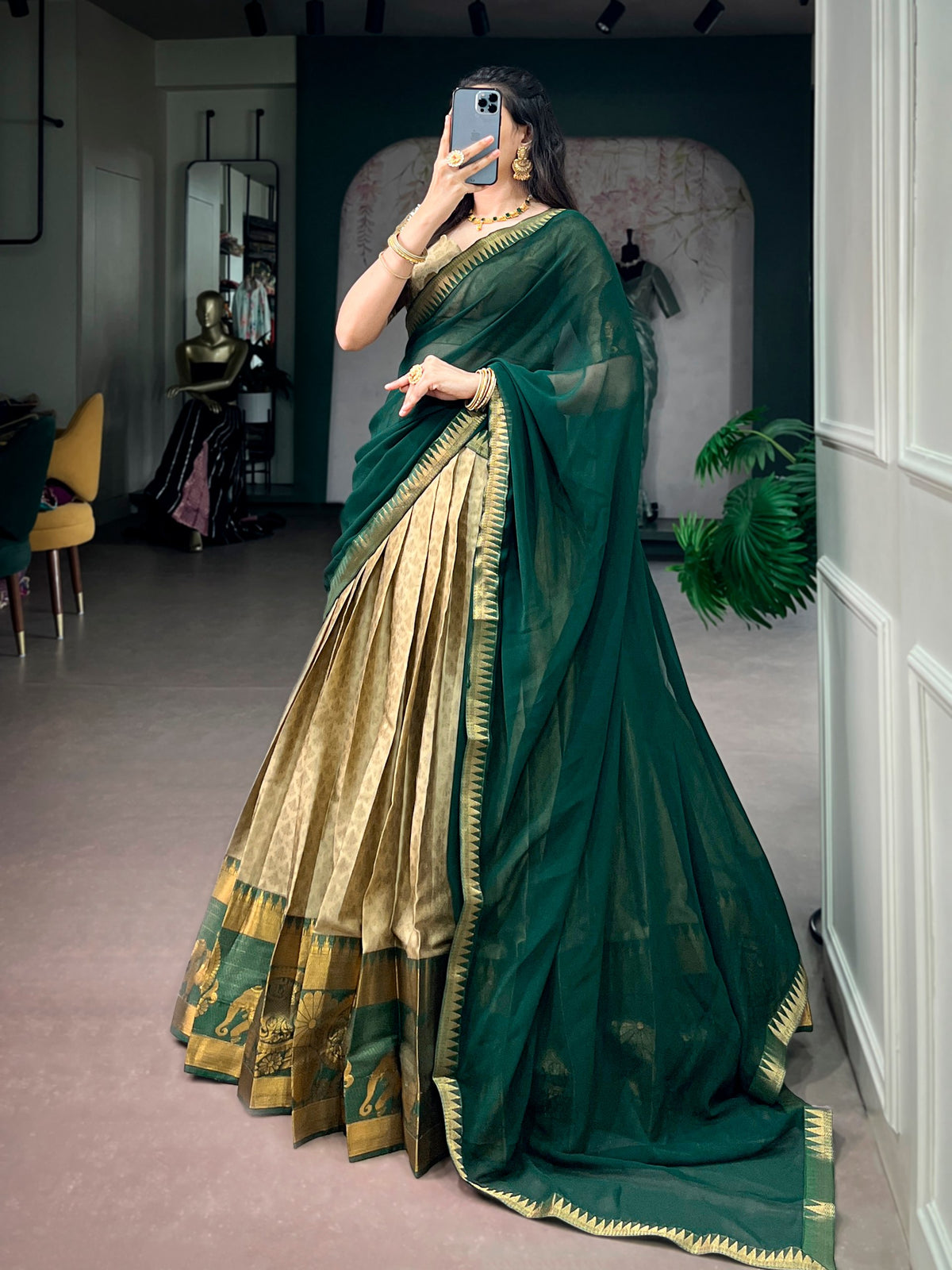 Antique Gold Poly Cotton Lehenga Choli with Emerald Green Dupatta