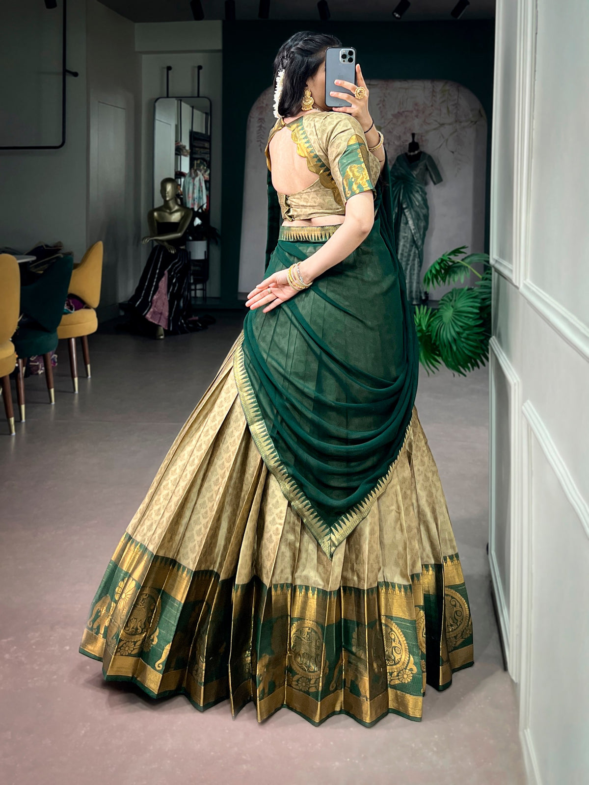 Antique Gold Poly Cotton Lehenga Choli with Emerald Green Dupatta