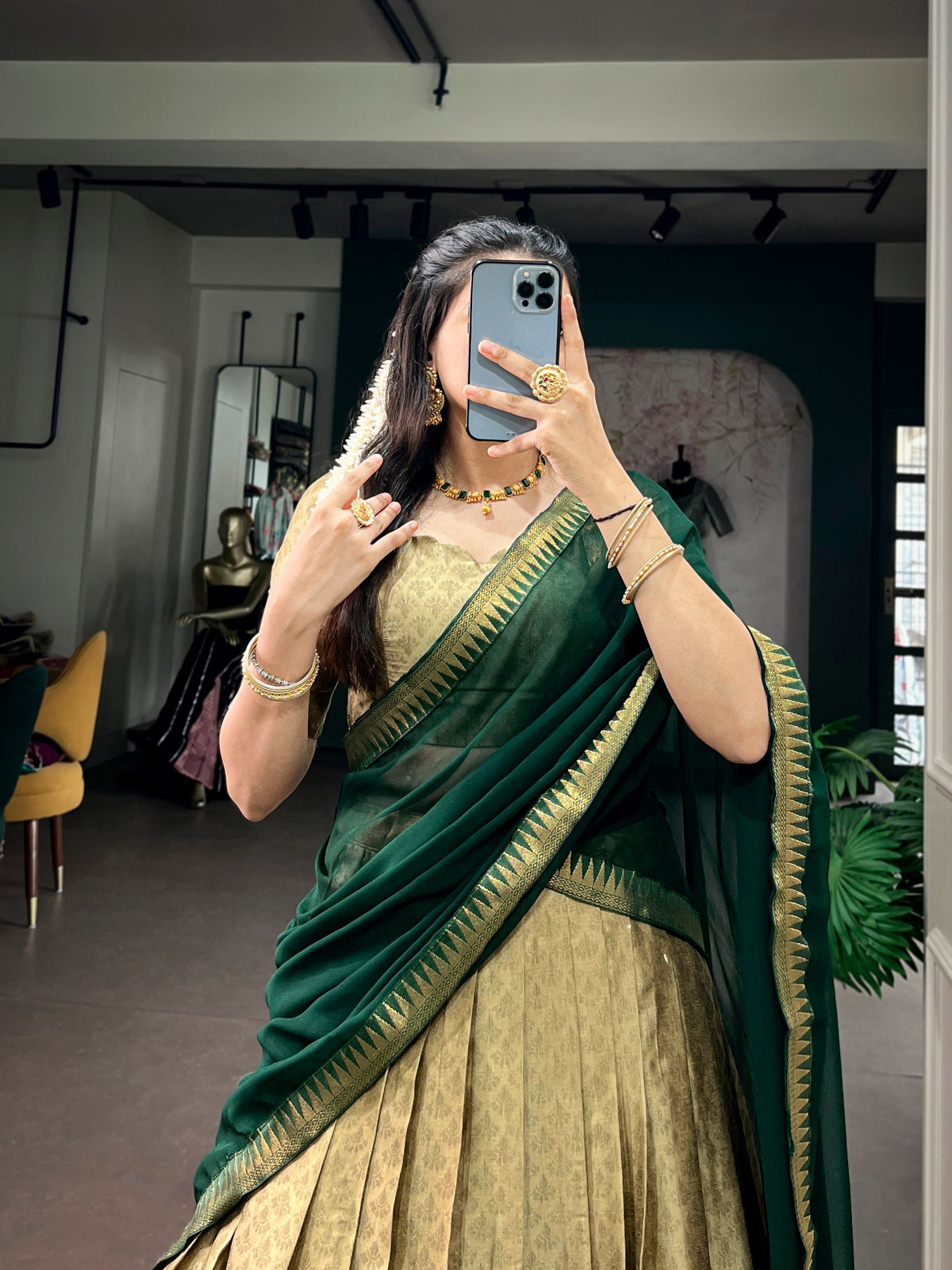 Antique Gold Poly Cotton Lehenga Choli with Emerald Green Dupatta