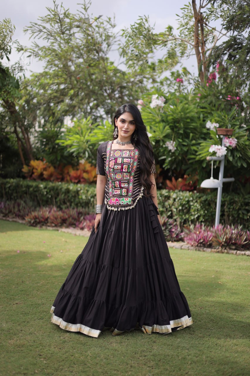 Black Kora Cotton Kutchi Work Lehenga Choli Set
