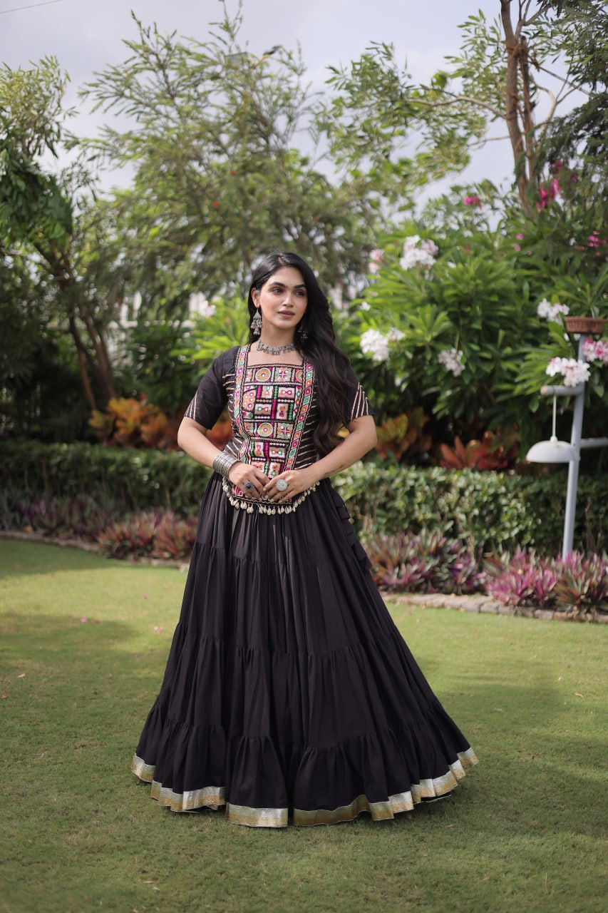 Black Kora Cotton Kutchi Work Lehenga Choli Set