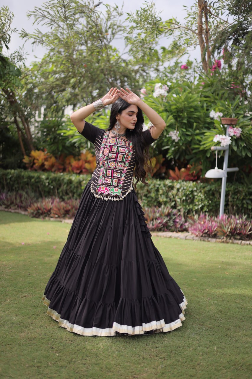 Black Kora Cotton Kutchi Work Lehenga Choli Set