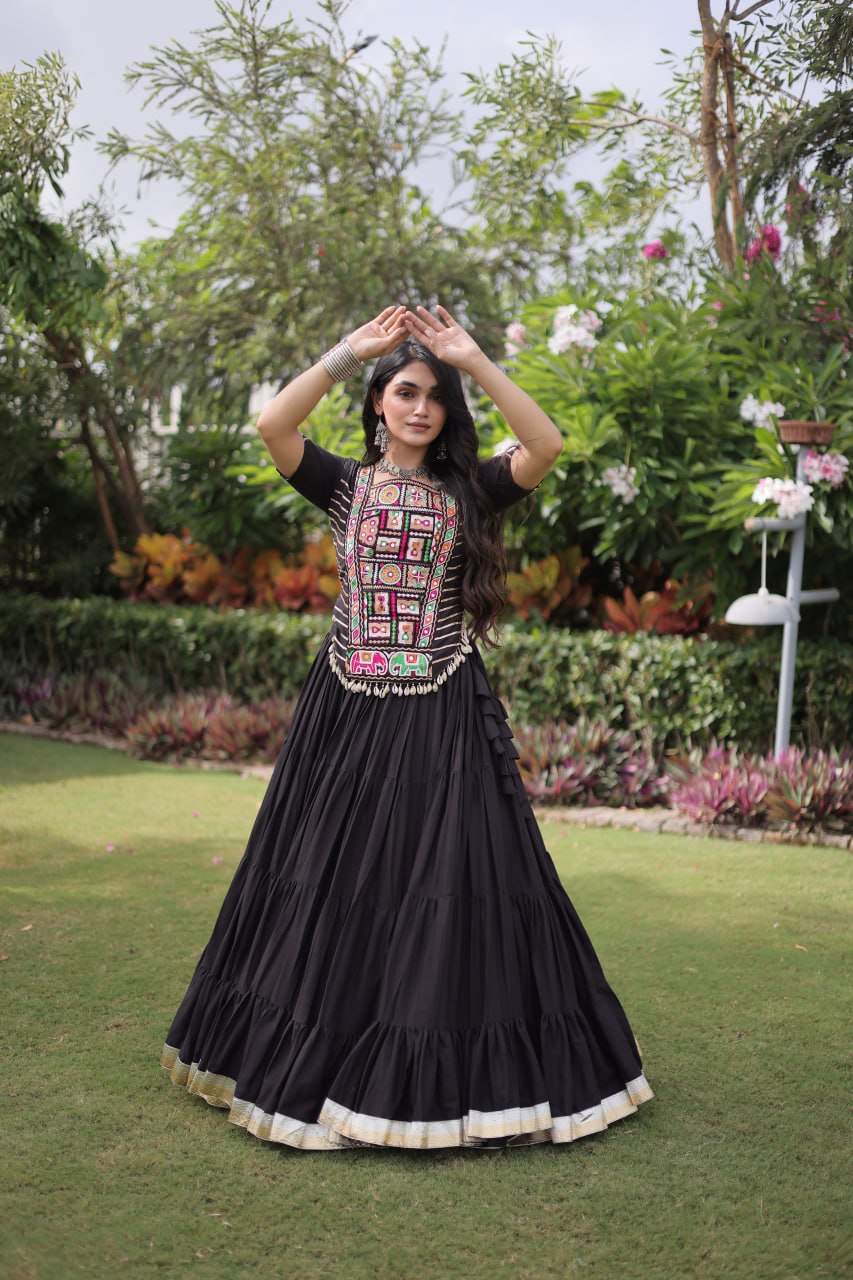 Black Kora Cotton Kutchi Work Lehenga Choli Set