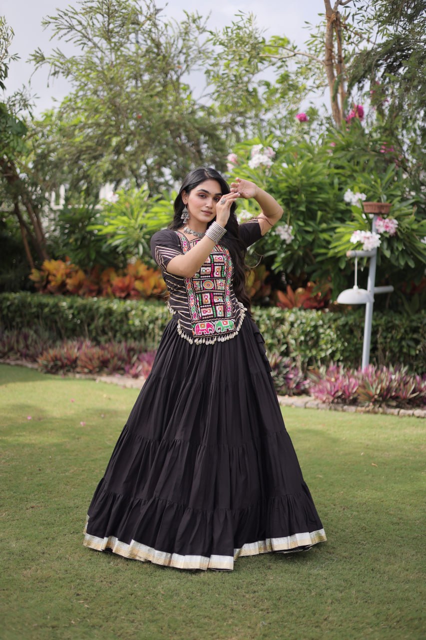 Black Kora Cotton Kutchi Work Lehenga Choli Set