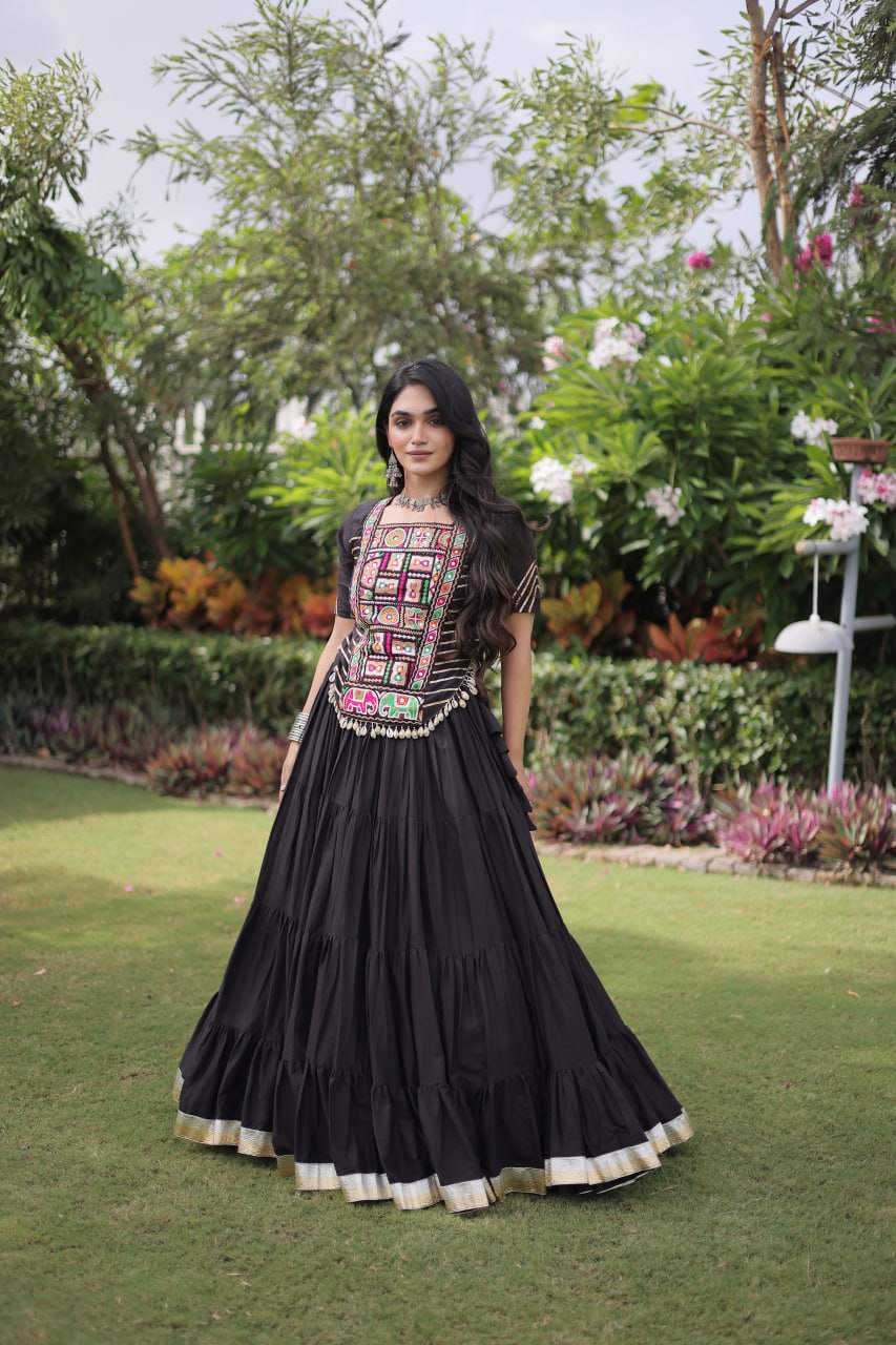 Black Kora Cotton Kutchi Work Lehenga Choli Set