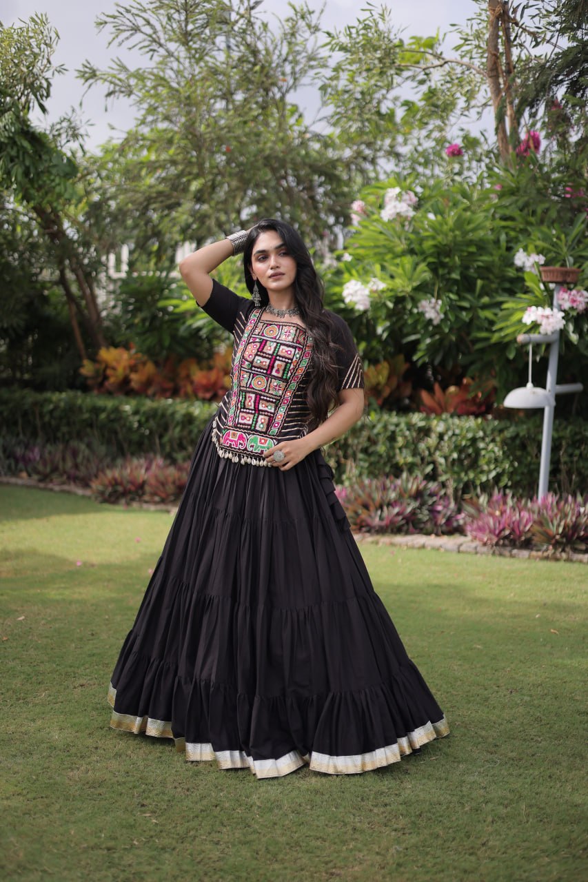 Black Kora Cotton Kutchi Work Lehenga Choli Set
