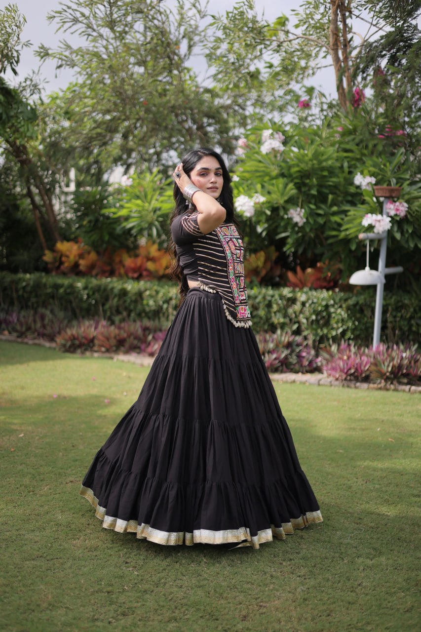 Black Kora Cotton Kutchi Work Lehenga Choli Set
