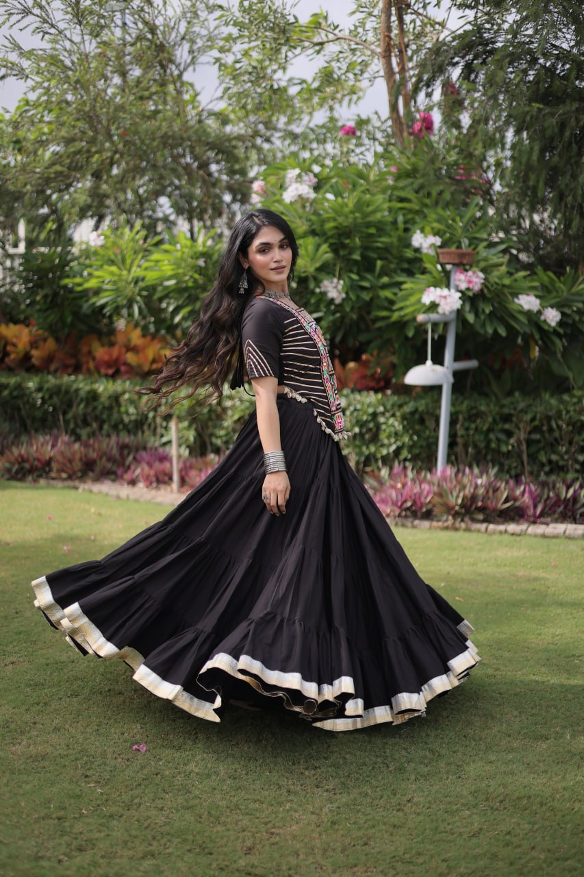Black Kora Cotton Kutchi Work Lehenga Choli Set