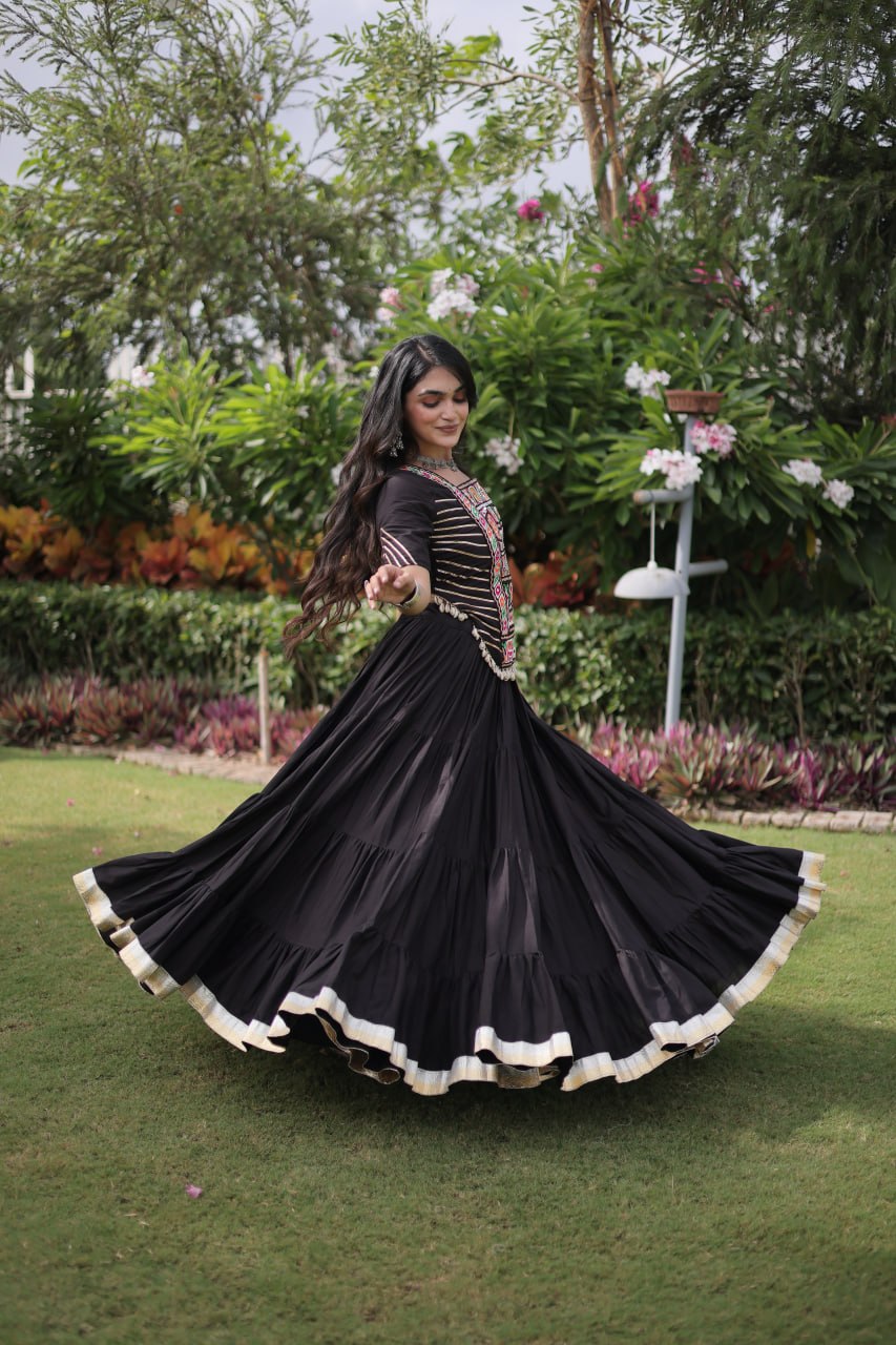 Black Kora Cotton Kutchi Work Lehenga Choli Set