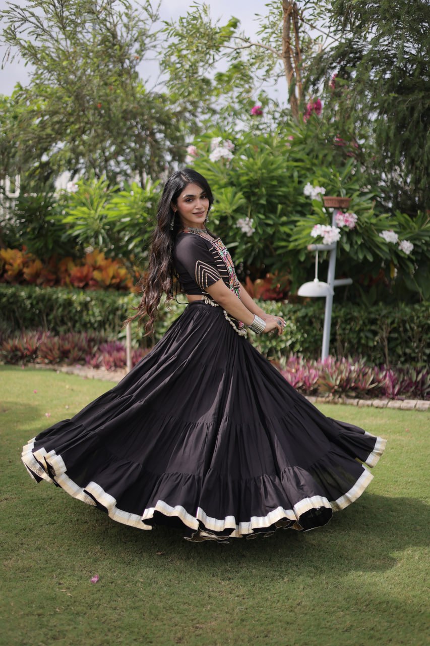 Black Kora Cotton Kutchi Work Lehenga Choli Set
