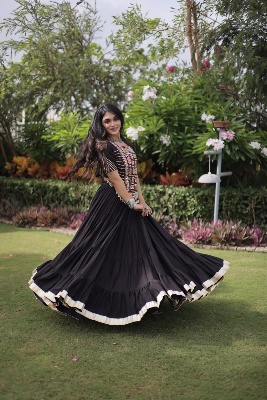 Black Kora Cotton Kutchi Work Lehenga Choli Set