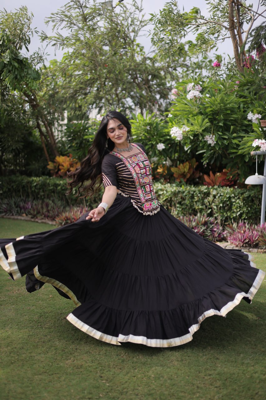 Black Kora Cotton Kutchi Work Lehenga Choli Set